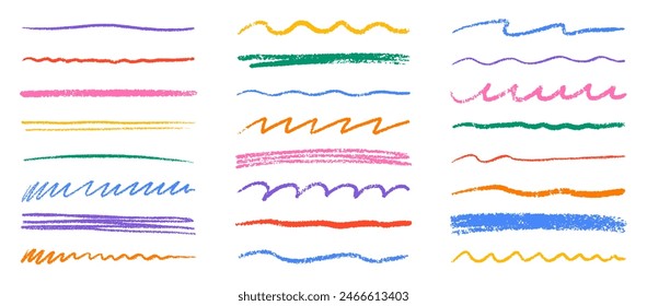 Chalk lines, charcoal highlight strokes doodle set. Pencil underlines, kids crayon strips, brush line in sketch style. Grunge texture. Hand drawn vector illustration isolated on white background