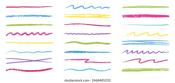 Chalk lines, charcoal highlight strokes doodle set. Pencil underlines, kids crayon strips, brush line in sketch style. Grunge texture. Hand drawn vector illustration isolated on white background