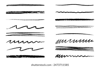 Chalk lines, charcoal highlight strokes doodle set. Pencil underlines, kids crayon strips, brush line in sketch style. Grunge texture. Hand drawn vector illustration isolated on white background