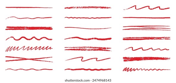 Chalk lines, charcoal highlight strokes doodle set. Pencil underlines, kids crayon strips, brush line in sketch style. Grunge texture. Hand drawn vector illustration isolated on white background