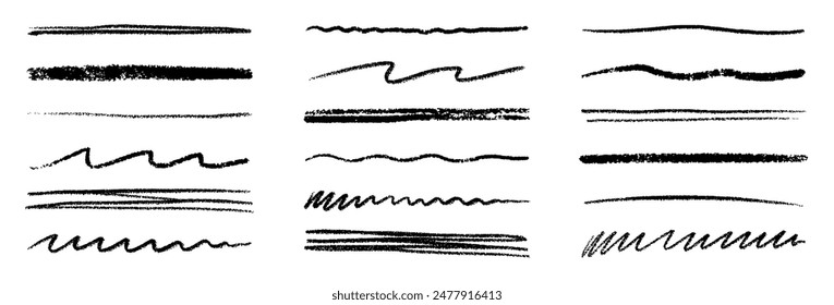 Chalk lines, charcoal highlight strokes doodle set. Pencil underlines, kids crayon strips, brush line in sketch style. Grunge texture. Hand drawn vector illustration isolated on white background