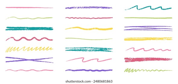 Kreidelinien, Kohle Highlight Strikes Doodle Set. Bleistift-Unterstreichungen, Kinder-Buntstiftstreifen, Pinsellinie im Skizzenstil. Grunge-Textur. Handgezeichnete Vektorillustration isoliert auf weißem Hintergrund