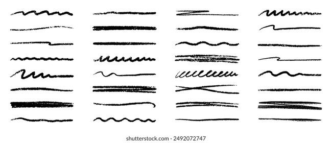 Chalk lines, charcoal highlight strokes doodle set. Pencil underlines, kids crayon strips, brush line in sketch style. Grunge texture. Hand drawn vector illustration isolated on white background