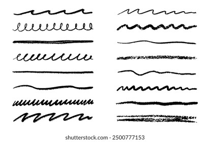 Chalk lines, charcoal highlight strokes doodle set. Pencil underlines, kids crayon strips, brush line in sketch style. Grunge texture. Hand drawn vector illustration isolated on white background