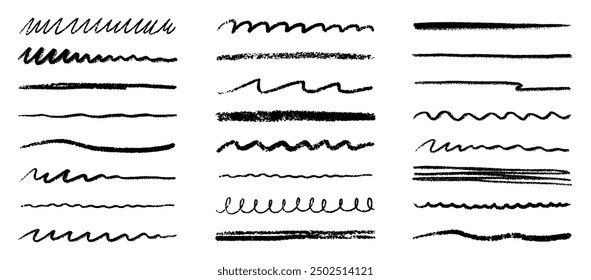 Chalk lines, charcoal highlight strokes doodle set. Pencil underlines, kids crayon strips, brush line in sketch style. Grunge texture. Hand drawn vector illustration isolated on white background