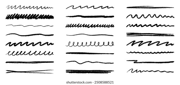 Chalk lines, charcoal highlight strokes doodle set. Pencil underlines, kids crayon strips, brush line in sketch style. Grunge texture. Hand drawn vector illustration isolated on white background