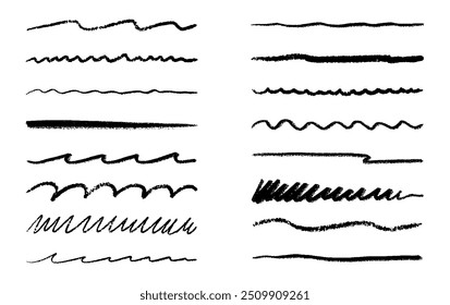 Linhas de giz, conjunto de rabiscos de traços de destaque de carvão vegetal. Sublinhados lápis, tiras de giz de cera para crianças, linha de pincel em estilo de esboço. Textura grunge. Ilustração de vetor desenhada à mão isolada no plano de fundo branco