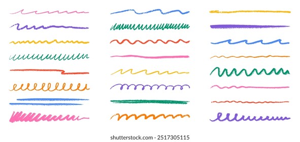 Líneas de tiza, trazos de carbón resaltan el conjunto de doodle. Subrayado de lápiz, tiras de crayón para niños, línea de pincel en estilo boceto. Textura grunge. Ilustración vectorial dibujada a mano aislada sobre fondo blanco