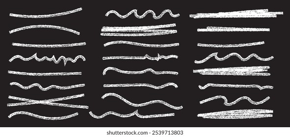 Linhas de giz, conjunto de rabiscos de traços de destaque de carvão vegetal. Sublinhados lápis, tiras de giz de cera para crianças, linha de pincel em estilo de esboço. Textura grunge. Ilustração de vetor desenhada à mão isolada no plano de fundo branco