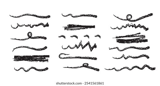 Linhas de giz, conjunto de rabiscos de traços de destaque de carvão vegetal. Sublinhados lápis, tiras de giz de cera para crianças, linha de pincel em estilo de esboço. Textura grunge. Ilustração de vetor desenhada à mão isolada no plano de fundo branco