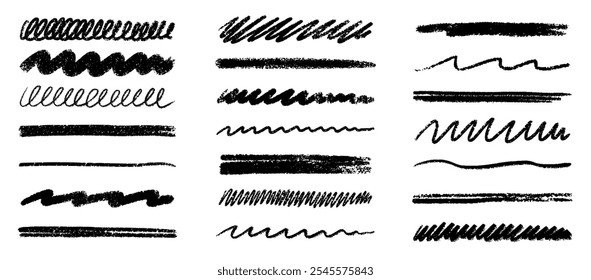 Chalk lines, charcoal highlight strokes doodle set. Pencil underlines, kids crayon strips, brush line in sketch style. Grunge texture. Hand drawn vector illustration isolated on white background