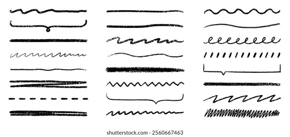 Chalk lines, charcoal highlight strokes doodle set. Pencil underlines, kids crayon strips, brush line in sketch style. Grunge texture. Hand drawn vector illustration isolated on white background