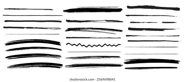 Chalk lines, charcoal highlight strokes doodle set. Pencil underlines, kids crayon strips, brush line in sketch style. Grunge texture. Hand drawn vector illustration isolated on white background