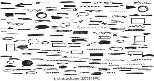 Chalk lines, charcoal highlight strokes doodle set. Pencil underlines, kids crayon strips, brush line in sketch style