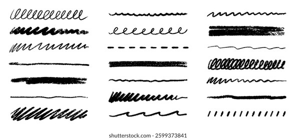 Chalk lines, charcoal highlight strokes doodle set. Pencil underlines, kids crayon strips, brush line in sketch style. Grunge texture. Hand drawn vector illustration isolated on white background
