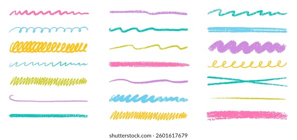 Chalk lines, charcoal highlight strokes doodle set. Pencil underlines, kids crayon strips, brush line in sketch style. Grunge texture. Hand drawn vector illustration isolated on white background