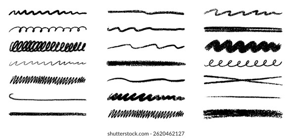 Chalk lines, charcoal highlight strokes doodle set. Pencil underlines, kids crayon strips, brush line in sketch style. Grunge texture. Hand drawn vector illustration isolated on white background