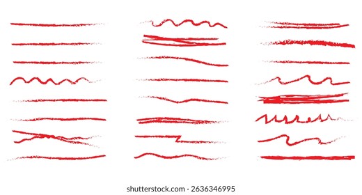 Chalk lines, charcoal highlight strokes doodle set. Pencil underlines, kids crayon strips, brush line in sketch style. Grunge texture. Hand drawn vector illustration isolated on white background