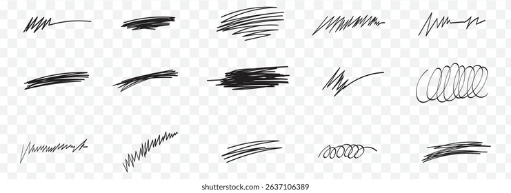 Chalk lines, charcoal highlight strokes doodle set. Pencil underlines, kids crayon strips, brush line in sketch style. Grunge texture. Hand drawn vector illustration isolated on Transparent background