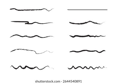 Chalk lines, charcoal highlight strokes doodle set. Pencil underlines, kids crayon strips, brush line in sketch style. Grunge texture. Hand drawn vector illustration isolated on white background.