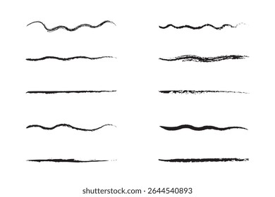Chalk lines, charcoal highlight strokes doodle set. Pencil underlines, kids crayon strips, brush line in sketch style. Grunge texture. Hand drawn vector illustration isolated on white background.