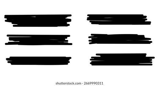 Chalk lines, charcoal highlight strokes doodle set. Pencil underlines, kids crayon strips, brush line in sketch style. Grunge texture. Hand drawn vector illustration isolated on white background