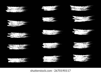 Chalk lines, charcoal highlight strokes doodle set. Pencil underlines, kids crayon strips, brush line in sketch style. Grunge texture. Hand drawn vector illustration isolated on white