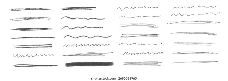 Kreide Linien, Kohle Highlight Striche Doodle-Set. Bleistiftzeichnungen, Kinderstiftstreifen, Pinsellinie im Skizzenstil. Grunge-Textur. Handgezeichnete Vektorgrafik einzeln auf weißem Hintergrund