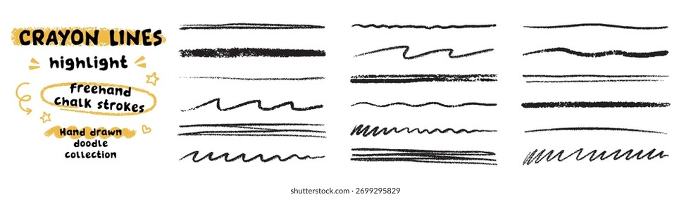 Líneas de tiza, trazos de carbón resaltan el conjunto de doodle. Subrayado de lápiz, tiras de crayón para niños, línea de pincel en estilo boceto. Textura grunge. Ilustración vectorial dibujada a mano aislada sobre fondo blanco