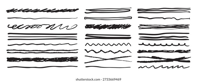 Kreide Linien und Holzkohle Highlight Striche Set Bleistift Unterstreichungen und Buntstiftstreifen in Skizze Stil Grunge Textur Vektorgrafik