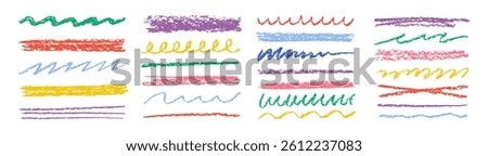 Chalk lines, charcoal highlight strokes doodle set. Kids hand drawing doodle charcoal squiggles, chalk curly lines. Color vector illustration isolated on a white background.