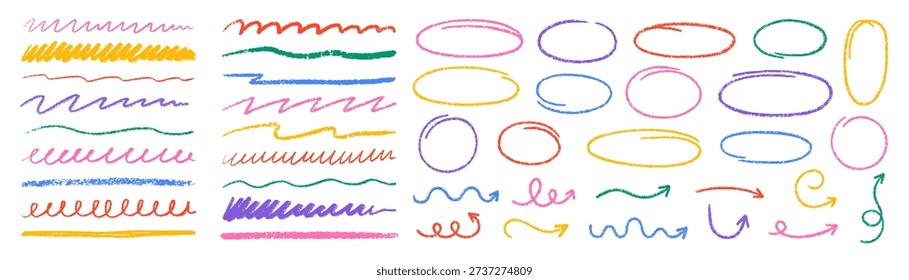Chalk lines, crayon highlight strokes and freehand ovals doodle set. Hand drawn pencil charcoal underlines, arrows, ellipse frames. Kids brush strips in sketch style.