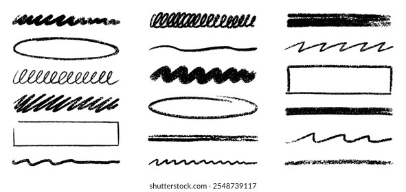 Chalk lines, frames, charcoal highlight strokes doodle set. Pencil underlines, kids crayon strips, brush line in sketch style. Hand drawn vector illustration isolated on white background