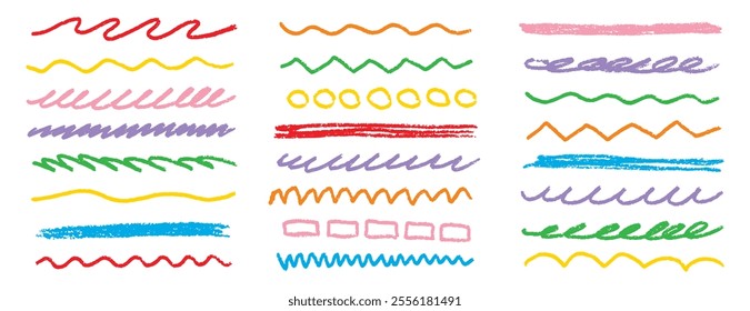 Chalk lines kids strips, brush sketch pencil underlines. Highlight strokes doodle set. Grunge colorful hand drawn highlight strokes. Vector illustration