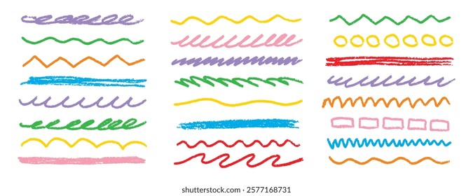 Chalk lines kids strips, brush sketch pencil underlines. Highlight strokes doodle set. Grunge colorful hand drawn highlight strokes. Vector illustration