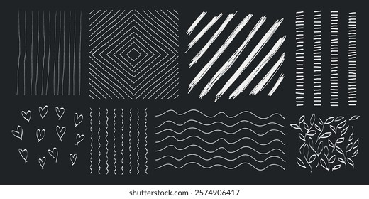 Chalk lines and patterns on blackboard. Chalk lines, chalk patterns, and chalkboard textures create a variety of designs. Chalkboard, lines, and patterns in white. Hand drawn patterns, vector set.