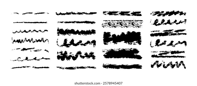 Chalk lines, pencil underlines, crayon stroke by pen, brush scribbles. Vector black charcoal hand drawn sketch elements. Big set