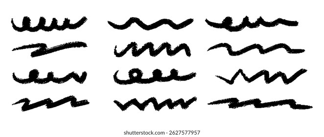 Chalk lines, pencil underlines, crayon stroke by pen, squiggly marker lines, brush scribbles. Vector black charcoal hand drawn sketch elements.
