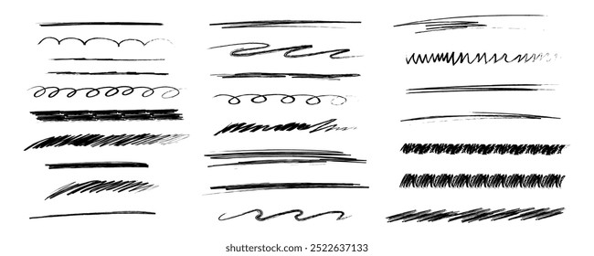 Linhas de giz e rabiscos, mão desenhada doodle sublinha linha grossa borda, swoosh. Rabiscos de pincel de giz de cera crocante texturizado ou traçados ondulados