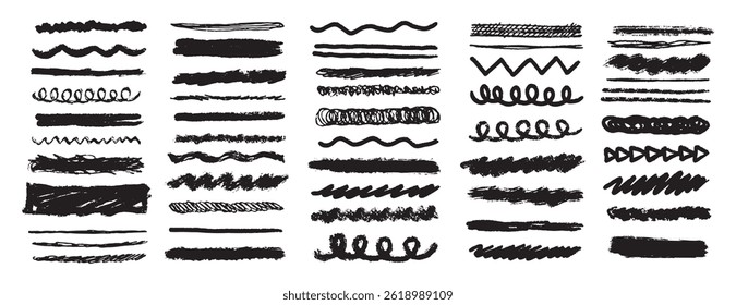 Chalk lines and squiggles, underlines hand drawn doodle thick line border, swoosh. Textured crayon brush scribble strokes. Vector illustration