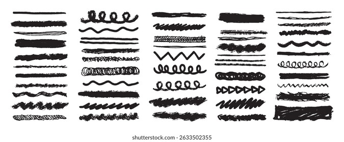 Chalk lines and squiggles, underlines hand drawn doodle thick line border, swoosh. Textured crayon brush scribble strokes. Vector illustration