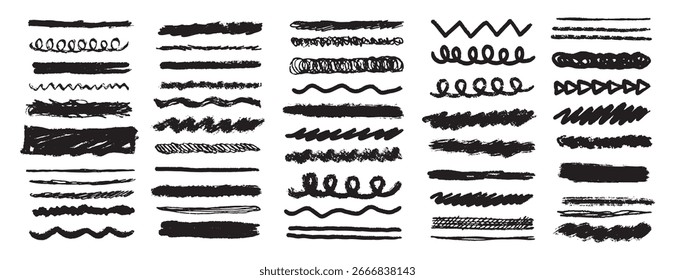 Líneas de tiza y garabatos, subraya a mano dibujado doodle borde de línea gruesa, swoosh. Pinceladas texturizadas de crayón para garabatos. Ilustración vectorial