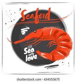 Chalk logo orange Shrimp on white background with sketched elements and lettering