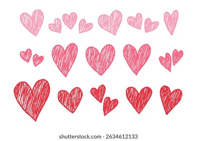 Chalk love hearts. Charcoal texture romantic elements set isolated on white background. Scribble black crayon heart vector set. Grunge chalk, crayon drawing heart shapes. Black hand drawn love icons. 