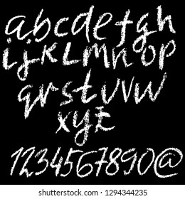 Chalk lower case font. Grunge script on chalkboard. Vector calligraphy illustration.