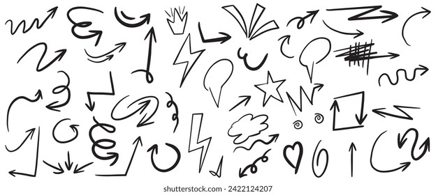 Chalk Marker Stift Liner-Schreib Streifen, grafische Box, Pfeile, Stern, Kreis, Kronen, Sprache Blase, Cloud, Highlight, Explosion.Stift Skizzen der dekorativen Symbole. Doodle-Elemente-Set für Schulkinder