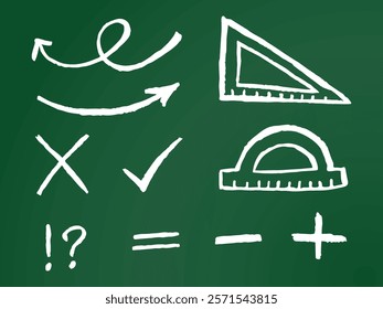 Chalk math symbols and geometric rulers on green chalkboard. Hand drawn white vector illustration