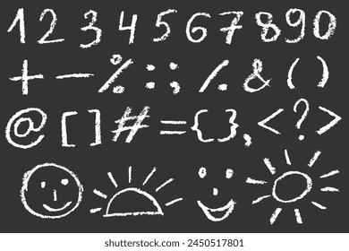 Chalk mathematics numbers and signs in doodle style. Crayons sketch elements for school lessons. Vector illustration