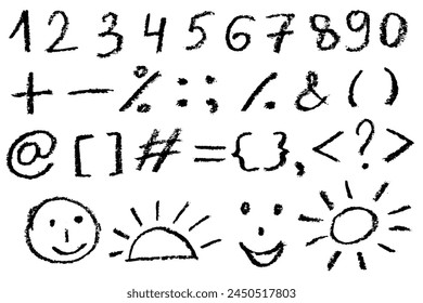 Chalk mathematics numbers and signs in doodle style. Crayons sketch elements for school lessons. Vector illustration