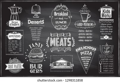 Chalk Menu Board Design For Cafe Or Restaurant, Breakfast And Lunch, Fast Food And Pizza, Meats Menu, Burgers, Appetizers, Fruit Platter, Desserts, Drinks And Kids Menu